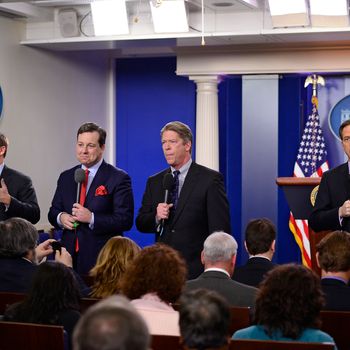 Chuck Todd of NBC News, left, Ed Henry of FOX News, second left, Major Garrett of CBS News, second right, and Jake Tapper of ABC News, right, do their stand-ups as they await the arrival of United States President Barack Obama, who will make a statement about how his administration will pursue a Weapons control policy in the wake of the Newtown tragedy in the Brady Press Briefing Room on Wednesday, December 19, 2012. Vice President Joe Biden attended the announcement.