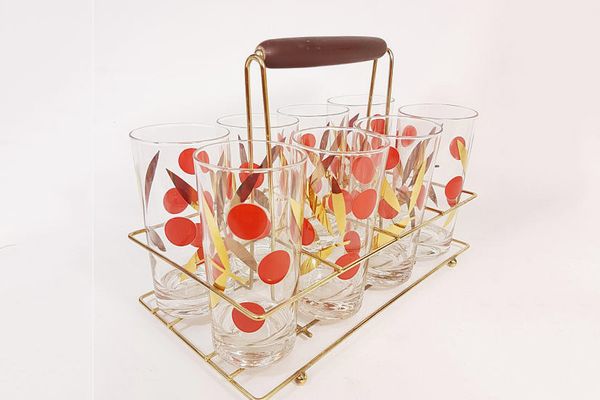 Vintage Cherry-and-Gold-Leaf Highball Glass (Set of 8)