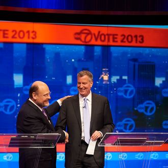 NEW YORK, NY - OCTOBER 15: New York City Democratic mayoral candidate Bill de Blasio, right, and Republican mayoral candidate Joe Lhota shake hands at the conclusion of their first televised debate at WABC/Channel 7 studios on October 15, 2013 in New York City. The debate, the first of three before the November 5th general election, was hosted by the New York Daily News, WABC-TV, Noticias 41 Univision and the League of Women Voters. (Photo by James Keivom-Pool/Getty Images)