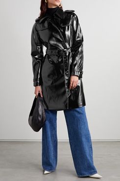 Michael Kors Belted Crinkled Faux-Patent-Leather Trench Coat