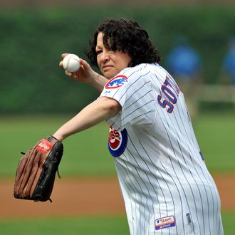 Supreme Court Justice Sonia Sotomayor throws out the first pitch before the Chicago Cubs play against the New York Yankees on June 18, 2011 at Wrigley Field in Chicago, Illinois.
