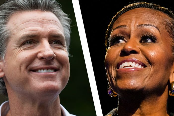 A split screen of Gavin Newsom and Michelle Obama
