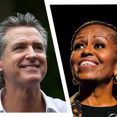 A split screen of Gavin Newsom and Michelle Obama