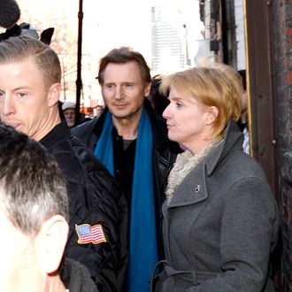 NEW YORK, NY - MARCH 09: Actor Liam Neeson (C) visits Clinton Park Horse Stables on March 9, 2014 in New York City. (Photo by Ben Gabbe/Getty Images)