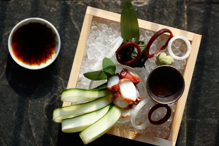 Ocotopus sashimi with chile-miso sauce and wasabi soy sauce.