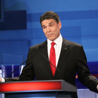 SIOUX CITY, IA - DECEMBER 15: Republican presidential candidate Texas Gov. Rick Perry fields a question during the Fox News Channel debate at the Sioux City Convention Center on December 15, 2011 in Sioux City, Iowa. The GOP contenders are in the final stretch of campaigning in Iowa where the January 3rd caucus is the first test the candidates must face before becoming the Republican presidential nominee. (Photo by Scott Olson/Getty Images)