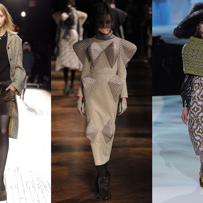 From left: looks from Theyskens' Theory, Thom Browne, and Marc Jacobs