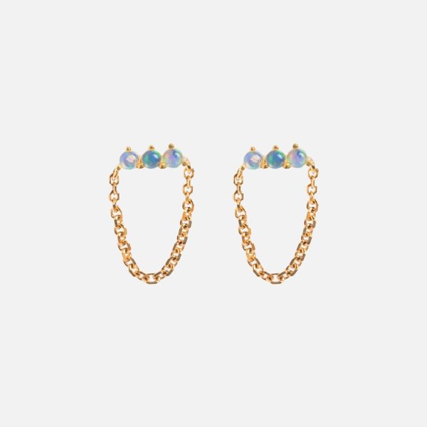Family Gold Solid Gold Opal Trio Chain Dangle Studs
