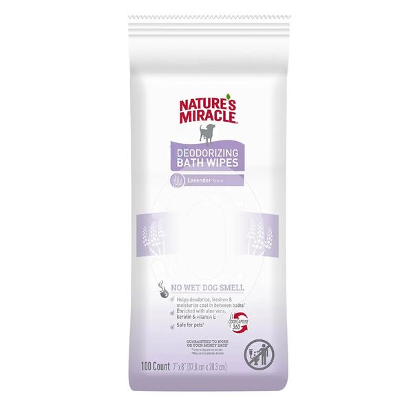 Nature’s Miracle Deodorizing Bath Wipes for Dogs, 100 Count, Lavender Scent