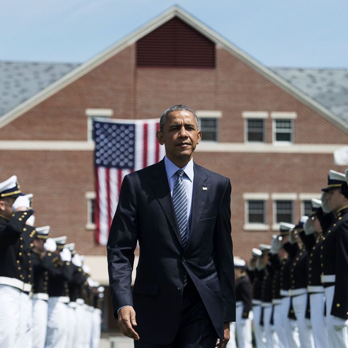 US President Barack Obama arrives to deliver the keynote address during the 134th Commencement Exercises of the US Coast Guard Academy in New London, Connecticut, on May 20, 2015. 