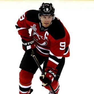 Zach Parise #9 of the New Jersey Devils skates with puck against the Los Angeles Kings during Game Five of the 2012 NHL Stanley Cup Final