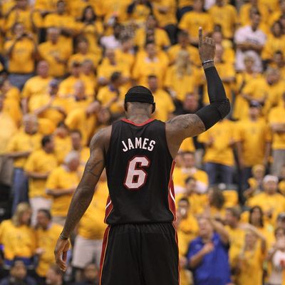 LeBron James #6 of the Miami Heat holds up his hand before the Heat take on the Indiana Pacers in Game Six of the Eastern Conference Semifinals in the 2012 NBA Playoffs at Bankers Life Fieldhouse on May 24, 2012 in Indianapolis, Indiana. The Heat defeated the Pacers 105-93.