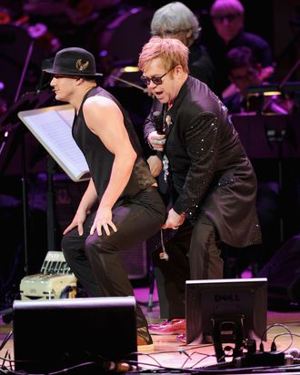 Channing Tatum and Sir Elton John perform during the 2012 Concert for the Rainforest Fund