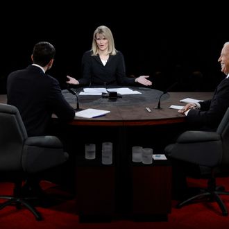 Moderator Martha Raddatz speaks as U.S. Vice President Joe Biden (R) and Republican vice presidential candidate U.S. Rep. Paul Ryan (R-WI) (L) listen during the vice presidential debate at Centre College on October 11, 2012 in Danville, Kentucky. This is the second of four debates during the presidential election season and the only debate between the vice presidential candidates before the closely-contested election November 6. 