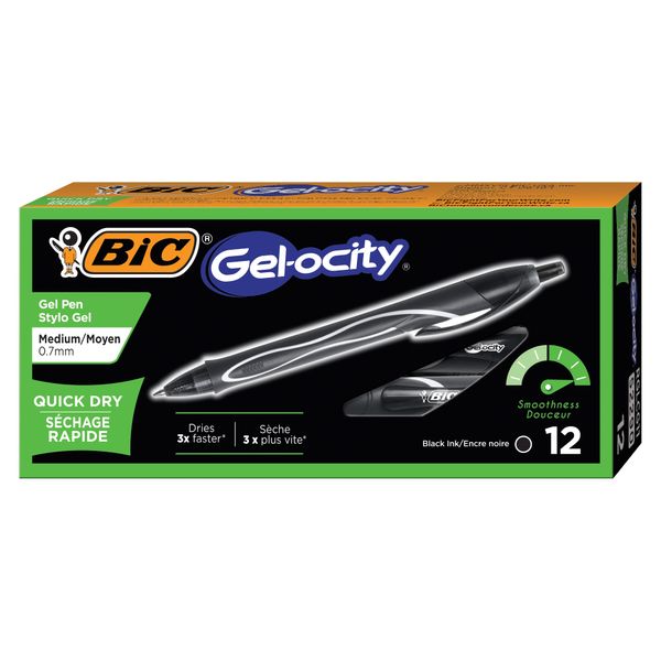 BIC Gelocity Quick Dry Retractable Gel Pen, Medium Point, 12-Count, Black
