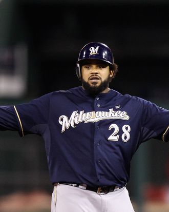 ST LOUIS, MO - OCTOBER 13: Prince Fielder #28 of the Milwaukee Brewers gestures after he hit a double in the top of the fourth inning against the St. Louis Cardinals during Game 4 of the National League Championship Series at Busch Stadium on October 13, 2011 in St. Louis, Missouri. (Photo by Christian Petersen/Getty Images)