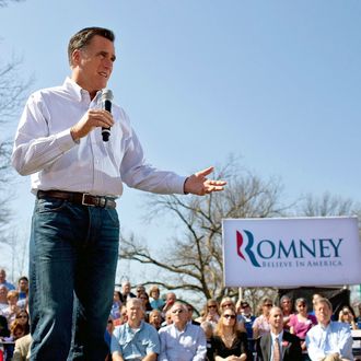 Republican presidential candidate, former Massachusetts Gov. Mitt Romney speaks to supporters during a campaign stop at Kirkwood Park March 13, 2012 in Kirkwood, Missouri. As the race for delegates continues, voters in Alabama and Mississippi will cast their ballots in their primaries today.
