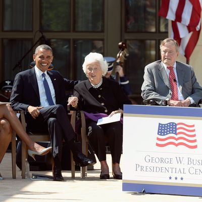 DALLAS, TX - APRIL 25: (L-R) First lady Michelle Obama, U.S. President Barack Obama, former first lady Barbara Bush, former President George H.W. Bush and former President George W. Bush attend the opening ceremony of the George W. Bush Presidential Center April 25, 2013 in Dallas, Texas. The Bush library, which is located on the campus of Southern Methodist University, with more than 70 million pages of paper records, 43,000 artifacts, 200 million emails and four million digital photographs, will be opened to the public on May 1, 2013. The library is the 13th presidential library in the National Archives and Records Administration system. (Photo by Kevork Djansezian/Getty Images)