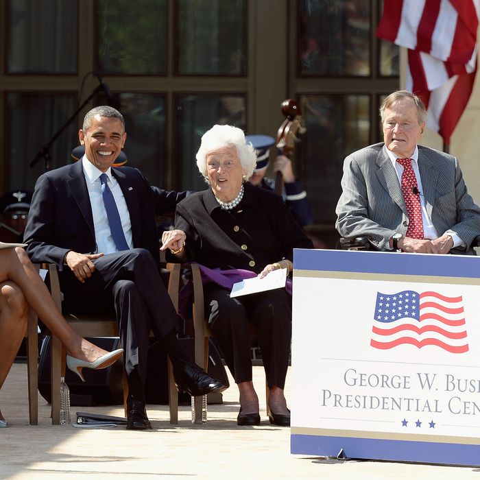 DALLAS, TX - APRIL 25: (L-R) First lady Michelle Obama, U.S. President Barack Obama, former first lady Barbara Bush, former President George H.W. Bush and former President George W. Bush attend the opening ceremony of the George W. Bush Presidential Center April 25, 2013 in Dallas, Texas. The Bush library, which is located on the campus of Southern Methodist University, with more than 70 million pages of paper records, 43,000 artifacts, 200 million emails and four million digital photographs, will be opened to the public on May 1, 2013. The library is the 13th presidential library in the National Archives and Records Administration system. (Photo by Kevork Djansezian/Getty Images)