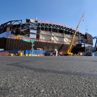 A general view of the construction progress of the Barclays Center on April 10, 2012 in Brooklyn, New York.