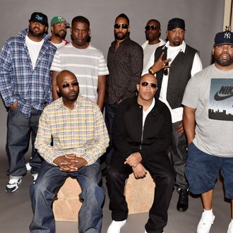 (L-R, standing) Rappers Ghostface Killah, Method Man, GZA, RZA, Inspectah Deck, Cappadonna, Raekwon, (L-R, seated), Masta Killa and U-God of the Wu-Tang Clan pose at a press conference to announce they have signed with Warner Bros. Records at Warner Bros. Records on October 2, 2014 in Burbank, California. (Photo by Kevin Winter/Getty Images)