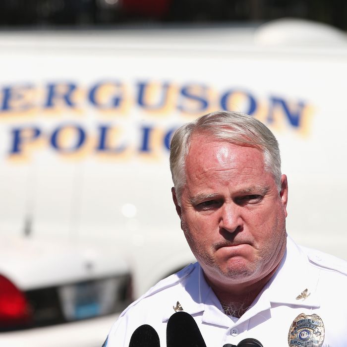 FERGUSON, MO - AUGUST 13: Police Chief Thomas Jackson fields questions related to the shooting death of teenager Michael Brown during a press conference on August 13, 2014 in Ferguson, Missouri. Brown was shot and killed by a Ferguson police officer on Saturday. Ferguson has experienced three days of violent protests since the killing. (Photo by Scott Olson/Getty Images)