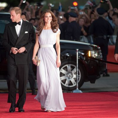 Kate and William arriving at a BAFTA event in L.A. Kate's dress is Alexander McQueen.