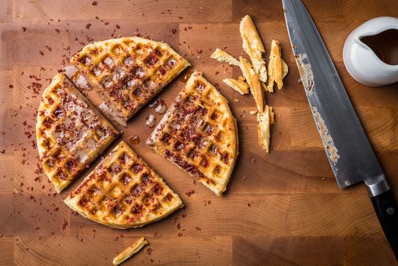 Chicken and waffles:  "We have been tinkering with using masa as a functional ingredient in preparations that are culturally out of context. Here we made a waffle batter with our own masa and entirely without flour. The texture is appealing and the corn flavor does transmit. We topped it with smoked maple syrup, chicken-liver butter and cured-grated chicken liver."