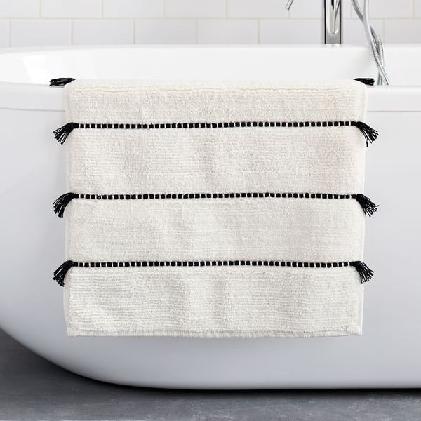 West Elm Organic Tassel Stripe Bath Mat - Freshwater Blue, 20x34