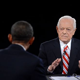 U.S. President Barack Obama debates Republican presidential candidate Mitt Romney as moderator Bob Schieffer of CBS looks on at the Keith C. and Elaine Johnson Wold Performing Arts Center at Lynn University on October 22, 2012 in Boca Raton, Florida. The focus for the final presidential debate before Election Day on November 6 is foreign policy. 