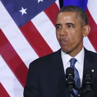 WASHINGTON, DC - JANUARY 17: U.S. President Barack Obama speaks about the National Security Agency (NSA) at the Justice Department, on January 17, 2014 in Washington, DC. President Obama outlined new changes to the agency's most controversial surveillance practices. (Photo by Mark Wilson/Getty Images)