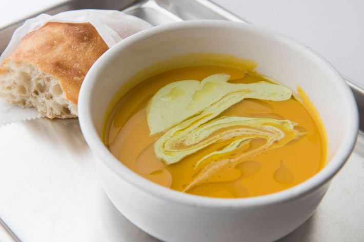 Butternut-squash soup with poblano-chile crema.