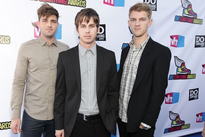 HOLLYWOOD, CA - AUGUST 14:  Musicians Cubbie Fink, Mark Foster and Mark Pontius of "Foster the People" arrive at the 2011 VH1 Do Something Awards at the Hollywood Palladium on August 14, 2011 in Hollywood, California.  (Photo by Christopher Polk/Getty Images for VH1)