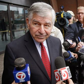 Former Massachusetts Governor and Democratic presidential nominee Michael Dukakis talks to members of the media outside Federal Court after testifying in the Robel Phillipos trial Thursday, Oct. 16, 2014 in Boston. Dukakis was called as a defense witness in the trial of Phillipos, a friend of Boston Marathon bombing suspect Dzhokhar Tsarnaev, because the Phillipos family and the Dukakis family have been friends for years. 