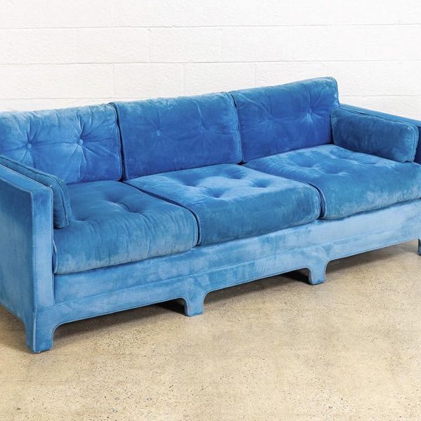 Vintage Mid-Century Modern Blue Velvet Upholstered Three-Seat Sofa Couch, 1970s