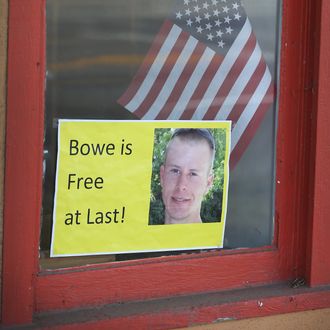 HAILEY, ID - JUNE 01: A sign announcing the release of Sgt. Bowe Bergdahl sits in the window of the Hailey Paint and Supply store on Main Street June 1, 2014 in Hailey, Idaho. Sgt. Bergdahl was captured in Afghanistan in 2009 while serving with U.S. Army’s 501st Parachute Infantry Regiment in Paktika Province. Yesterday he was released after a swap for 5 prisoners being held at Guantanamo Bay was arranged. Bergdahl was considered the only U.S. prisoner of war held in Afghanistan. (Photo by Scott Olson/Getty Images)