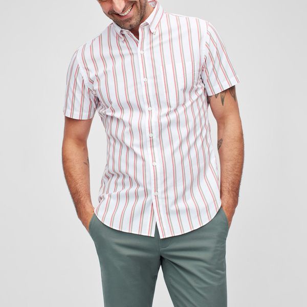 BU2H Men Spread Collar Summer Striped Short Sleeve Slim Polo Shirt