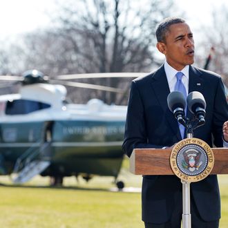 US President Barack Obama speaks on the situation in Ukraine on the South Lawn of the White House on March 20, 2014. Obama delivered his statement before boarding Marine One and departing for Florida. 