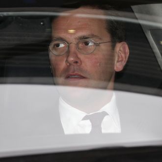 LONDON, ENGLAND - NOVEMBER 29: James Murdoch leaves the annual general meeting of BSkyB after resisting calls for him to stand down as chairman on November 29, 2011 in London, England. A portion of shareholders are reportedly set to vote against Mr Murdoch's re-appointment to Chairman as they believe his connections to News International's phone hacking scandal could damage BSkyB's reputation. (Photo by Oli Scarff/Getty Images)