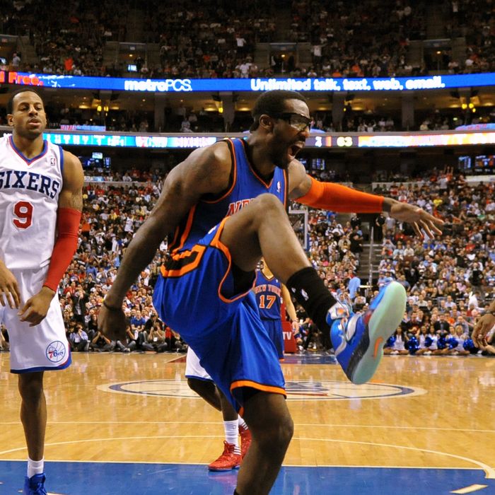 Amare Stoudemire #1 of the New York Knicks celebrates a dunk during the game against the Philadelphia 76ers at the Wells Fargo Center on March 21, 2012.