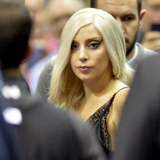 US singer Lady Gaga attends the NBA Global Games Berlin 2014 friendly basketball match Alba Berlin vs San Antonio Spurs, on October 8, 2014 at Berlin's o2 World Arena.