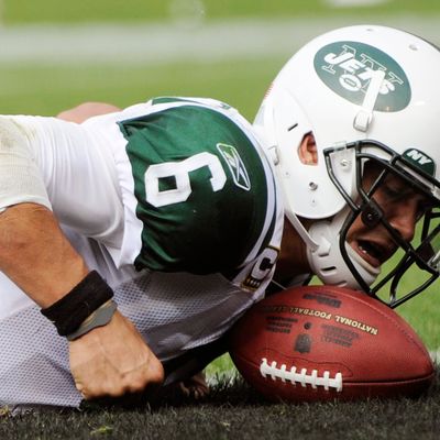 OAKLAND, CA - SEPTEMBER 25: Mark Sanchez #6 of the New York Jets is called down at the one yard line against the Oakland Raiders in the fourth quarter during an NFL football game at the O.co Coliseum September 25, 2011 in Oakland, California. The Raiders won the game 34-24. (Photo by Thearon W. Henderson/Getty Images)