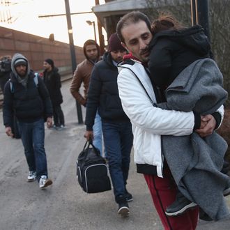 Migrants, many of them from Syria, walk to police vans after police found them while checking the identity papers of passengers on a train arriving from Germany on January 6, 2016 in Padborg, Denmark. 