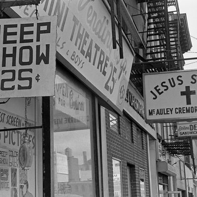 Adult sex shop next to missionary position, Times Square, New York 1970