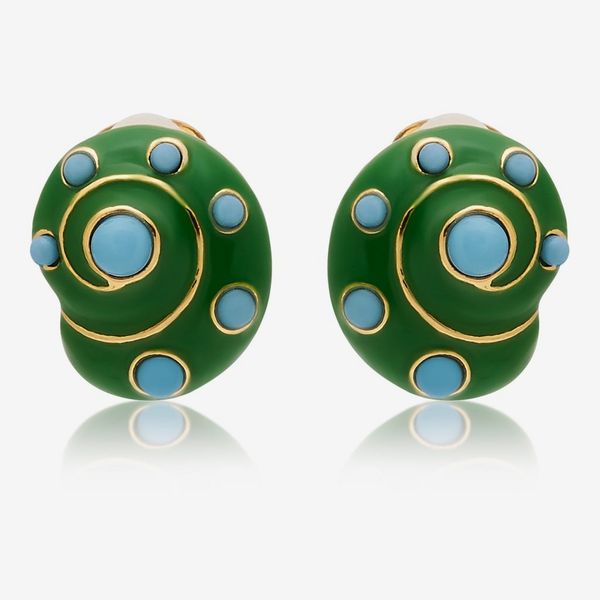 Kenneth Jay Lane Gold Jade Turquoise Dots Snail Pierced Earrings