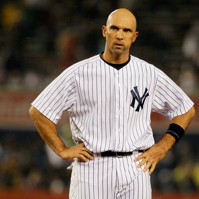 NEW YORK, NY - MAY 21: Raul Ibanez #27 of the New York Yankees reacts after flying out with the bases loaded in the third inning against the Kansas City Royals at Yankee Stadium on May 21, 2012 in the Bronx borough of New York City. (Photo by Mike Stobe/Getty Images)