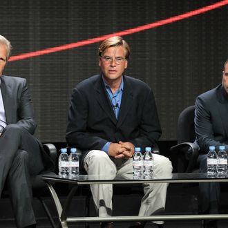Actor Jeff Daniels, Creator/Executive Producer Aaron Sorkin and Executive Producer Alan Poul speak onstage during the HBO Summer 2012 TCA Panel at The Beverly Hilton Hotel on August 1, 2012 in Beverly Hills, California.