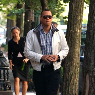 New York Yankees third baseman Alex Rodriguez, who is recovering from a fractured hand, gives the thumbs up in New York City.
