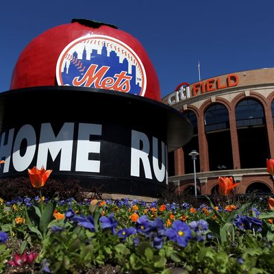 A general exterior view of the Mets' Home Run Big Apple outside the stadium prior to the New York Mets hosting the Atlanta Braves during their Opening Day Game at Citi Field on April 5, 2012 in New York City.