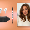 A photo of Haley Kalil and her favorite products, including headphones, a fanny pack, and brow marker.